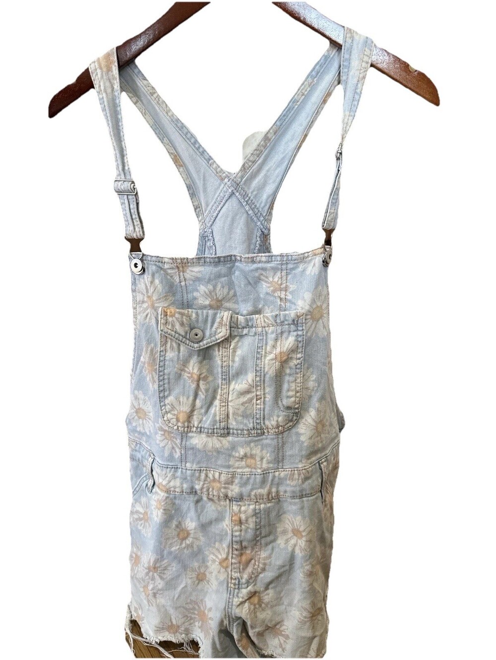 Womens XXL Floral Denim Short Overalls Daisy Print Distressed Festival Hippie